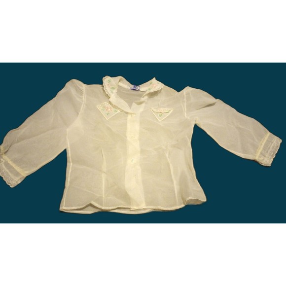Vintage Dan Dee Girls Top 100% Nylon Sheer Embroidered Flowers Button Up Shirt - Picture 1 of 16